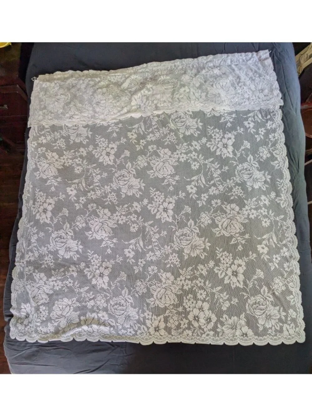 Vtg Lace Curtain Panels Set of 2 Attached Valance White Floral 59